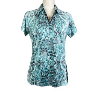 Sport Haley Polo Snap Neckline Teal Black White Geometric Peacock Size Medium